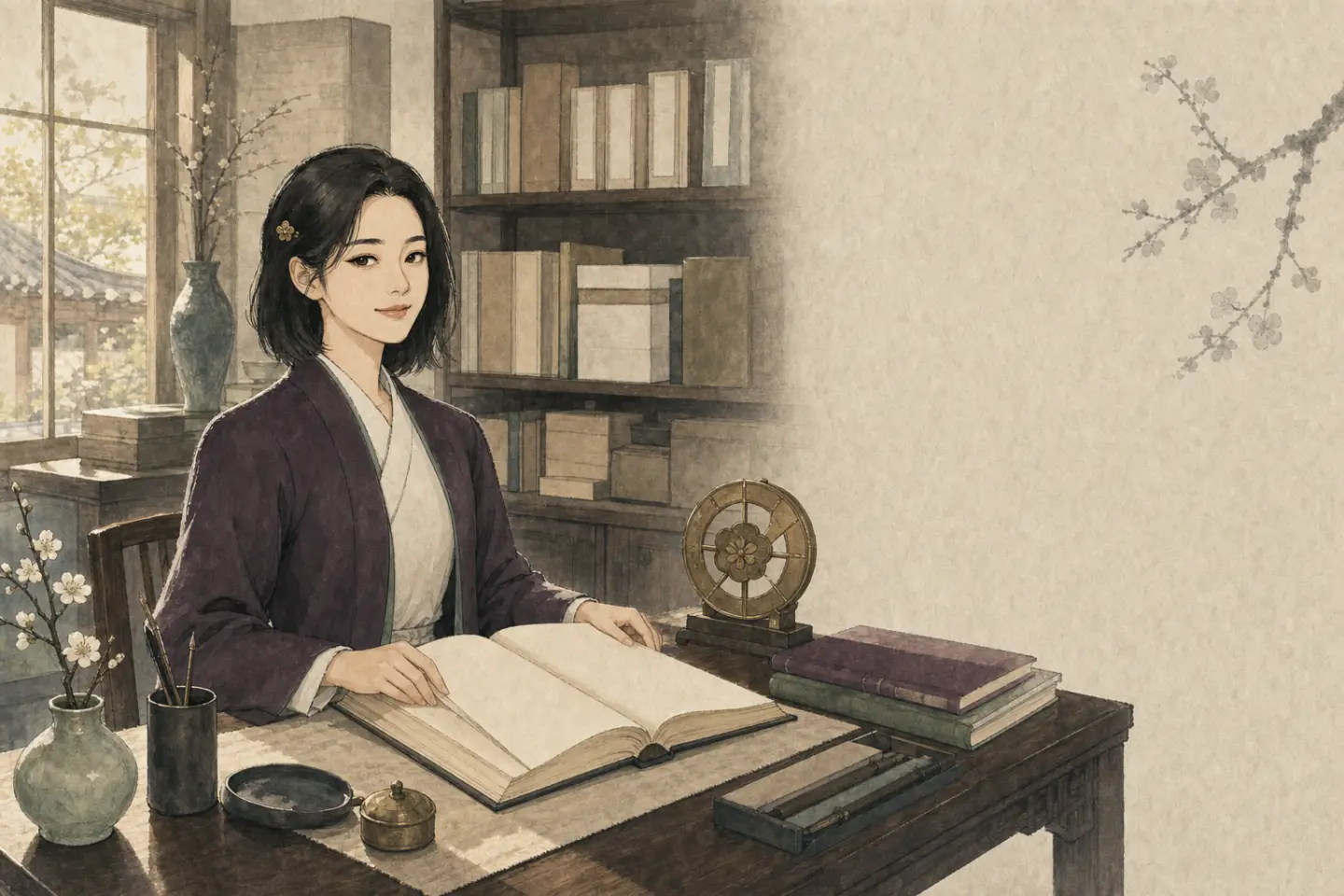 윤결이 계절 기록과 명리 자료를 정리하는 사주 지식서고