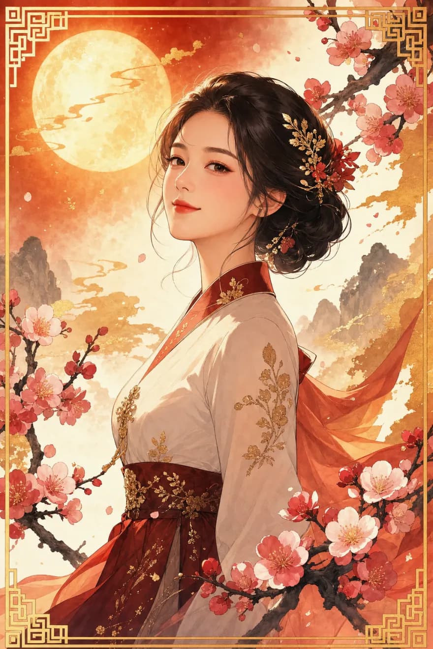 붉은 매화와 보름달이 그려진 매화패