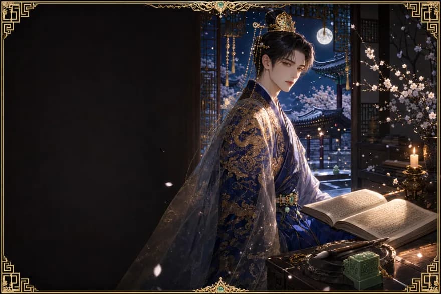 촛불이 켜진 밤의 서재와 펼쳐진 실록